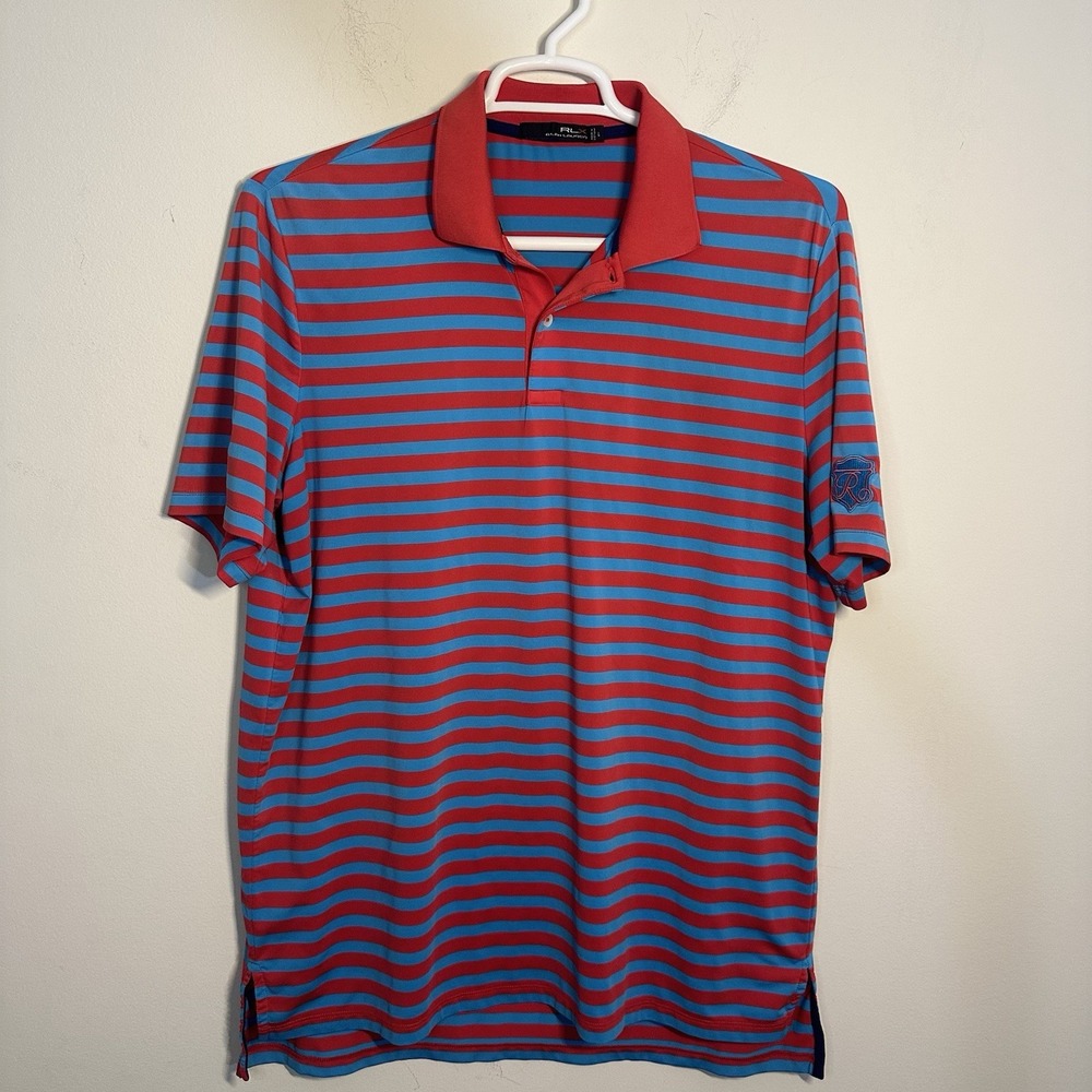 Ralph Lauren RLX Short Sleeve Polo Shirt Performance Golf Blue Red Stripe Large